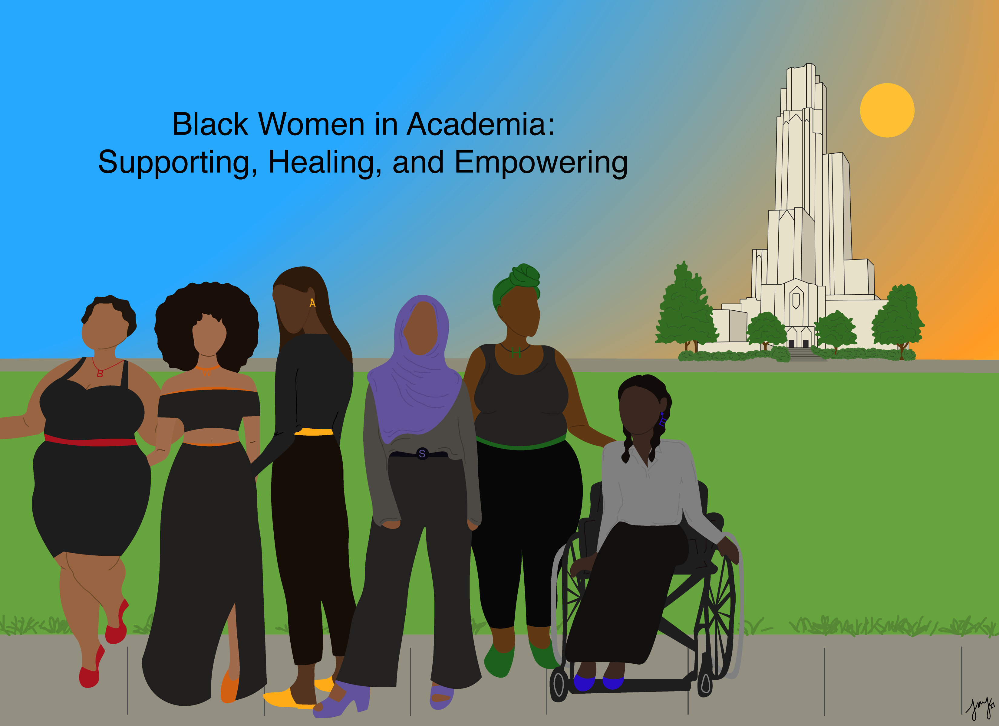 Graphic of Black women of various appearances in front of the Cathedral of Learning
